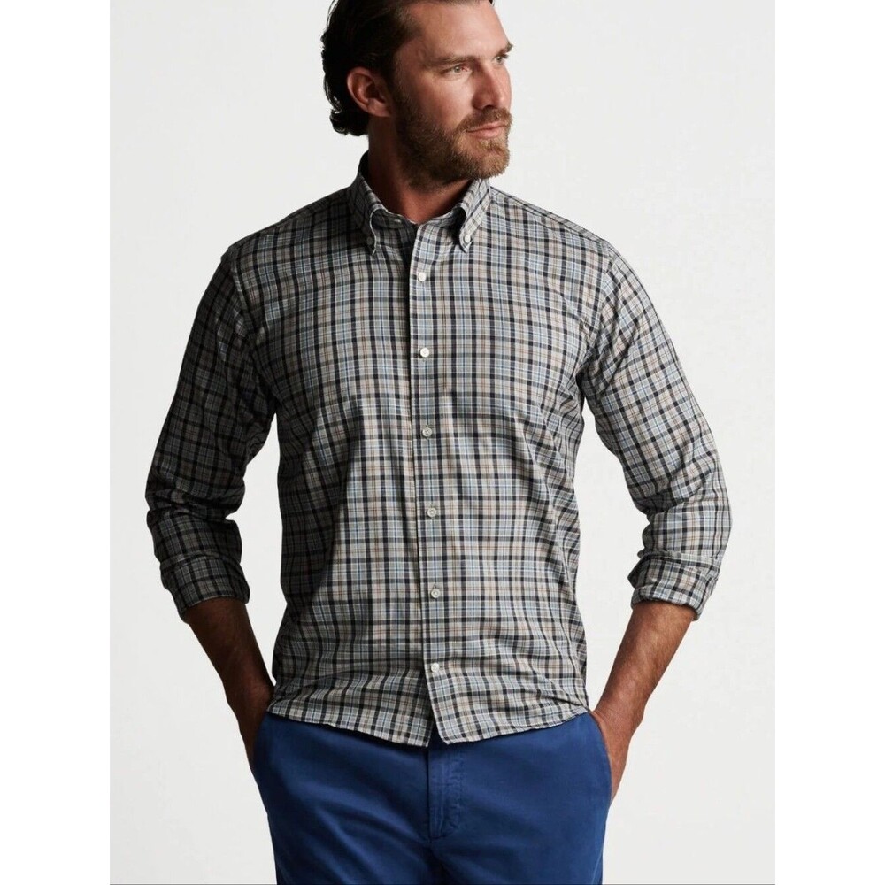 Peter Millar Men's Gray and Blue Plaid Refined Sport Button-Down Shirt XL